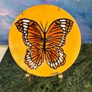 Vintage Enameled Copper Plate Monarch Butterfly Artist Signed Wall Hanging